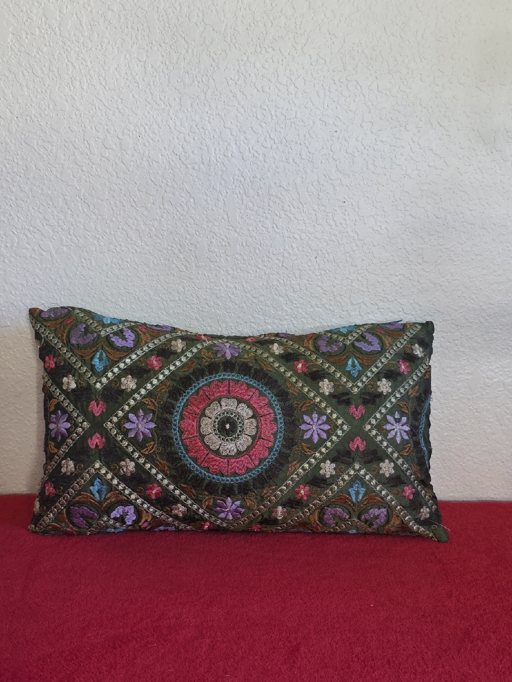 Embroidered Decorative Lumbar Pillow - Olive Green